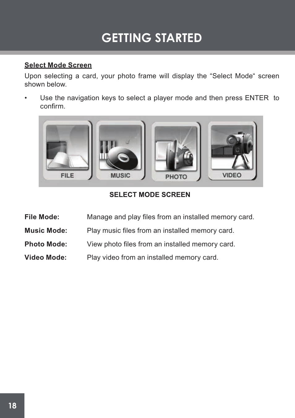 Select mode screen, Getting started | COBY electronic DP-562 User Manual | Page 18 / 44