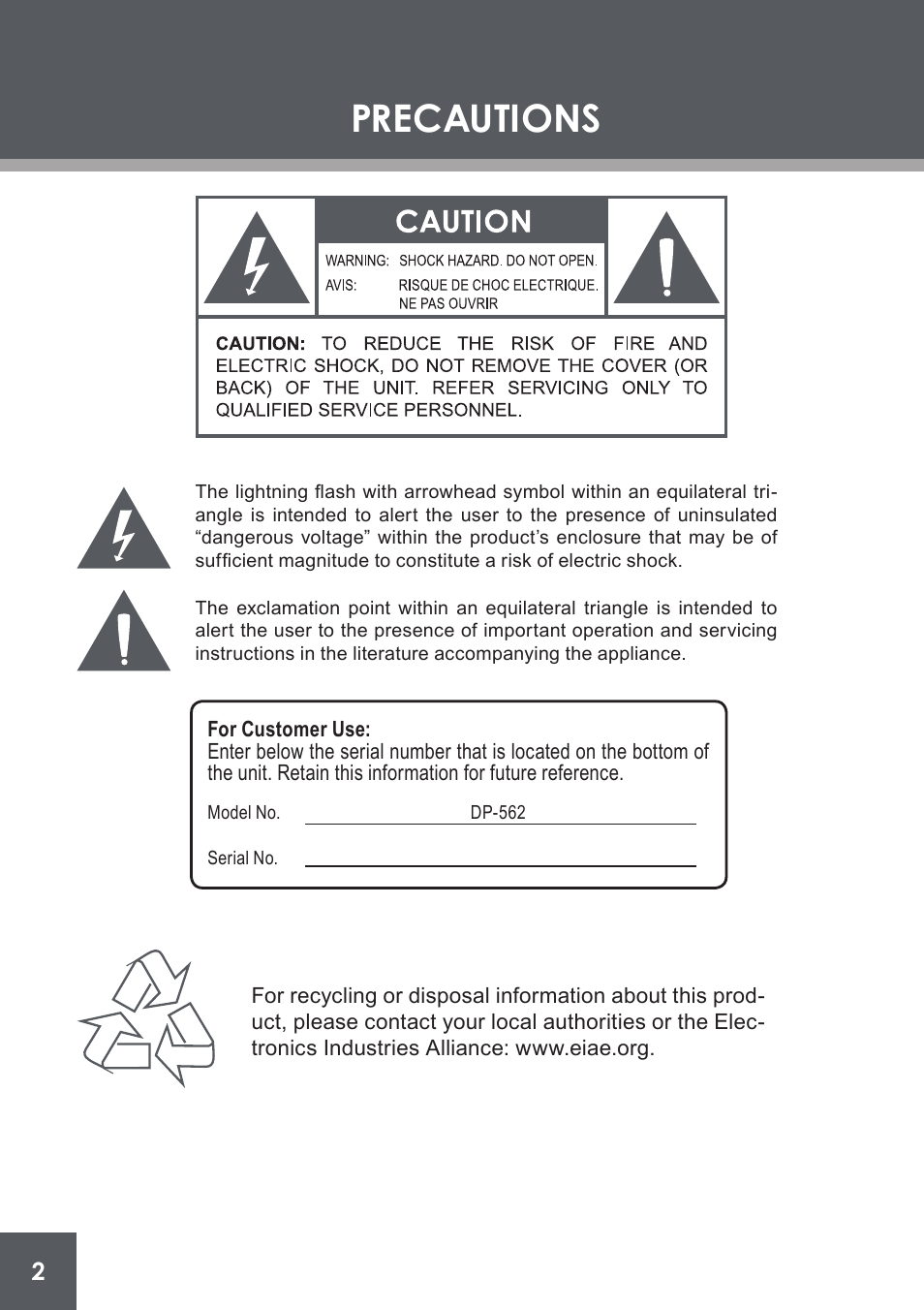 Precautions | COBY electronic DP-562 User Manual | Page 2 / 44