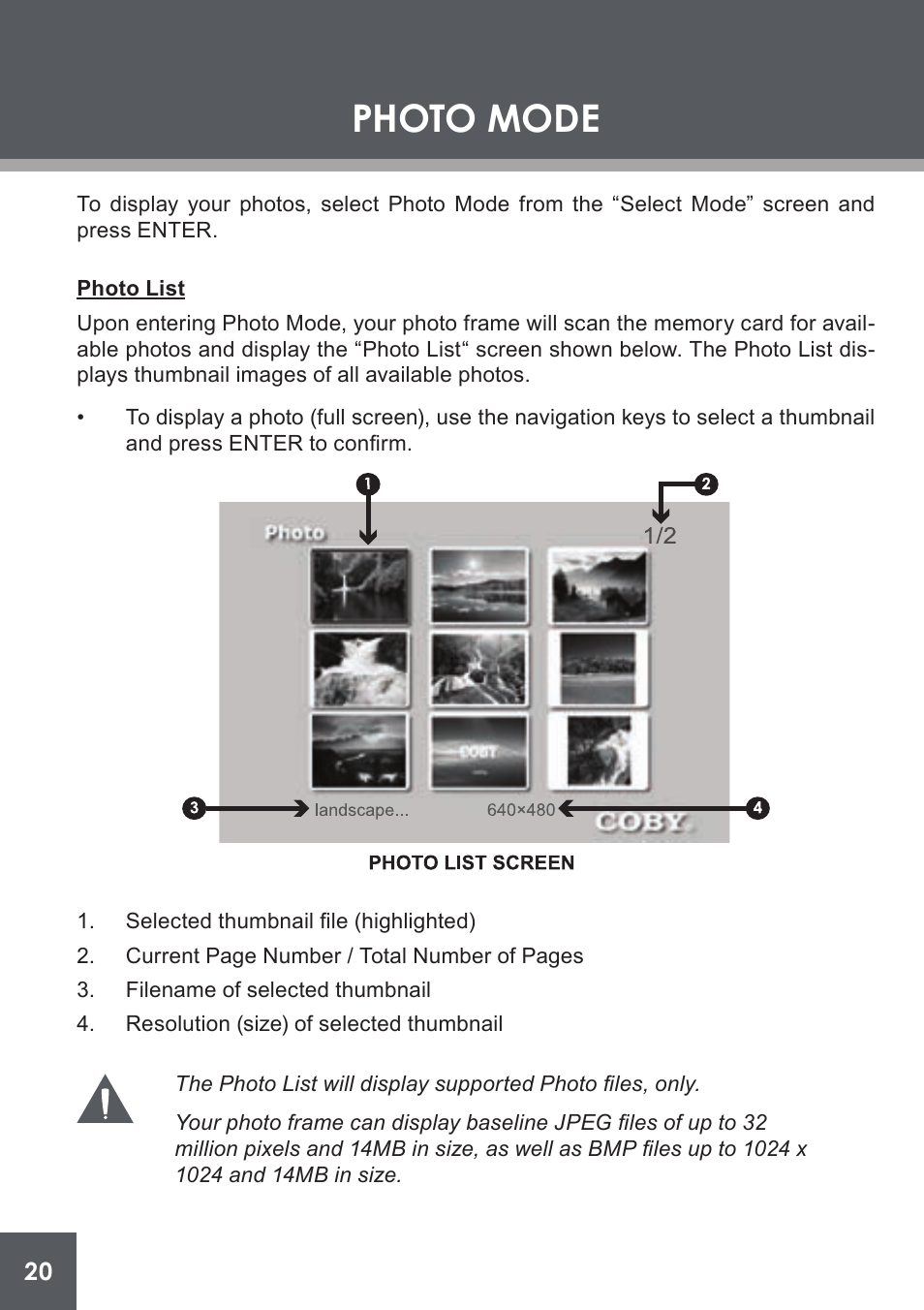Photo mode, Photo list | COBY electronic DP-562 User Manual | Page 20 / 44