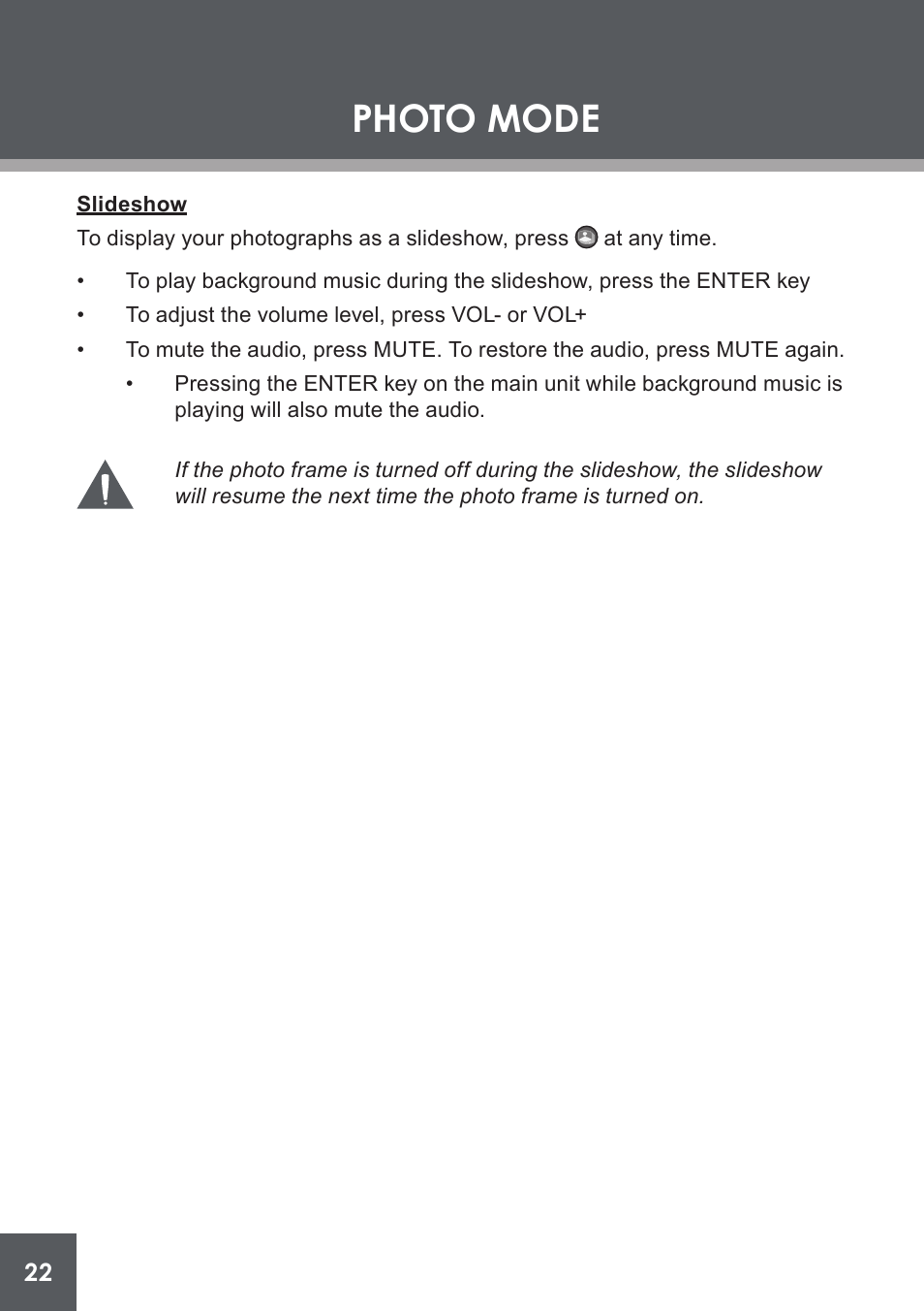 Slideshow, Photo mode | COBY electronic DP-562 User Manual | Page 22 / 44