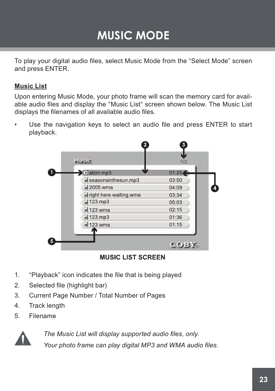 Music mode, Music list | COBY electronic DP-562 User Manual | Page 23 / 44