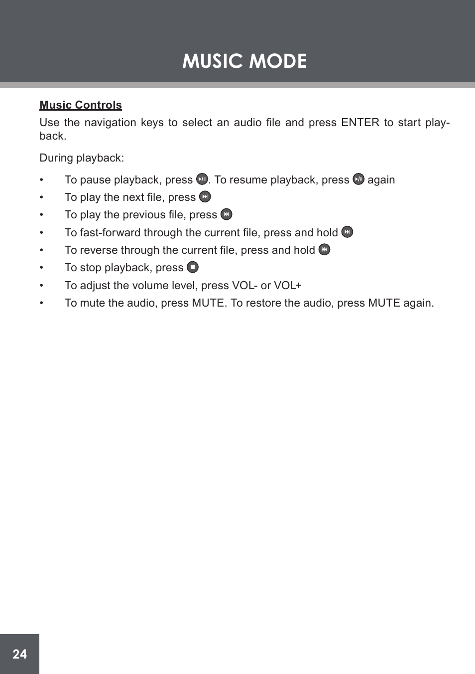 Music controls, Music mode | COBY electronic DP-562 User Manual | Page 24 / 44