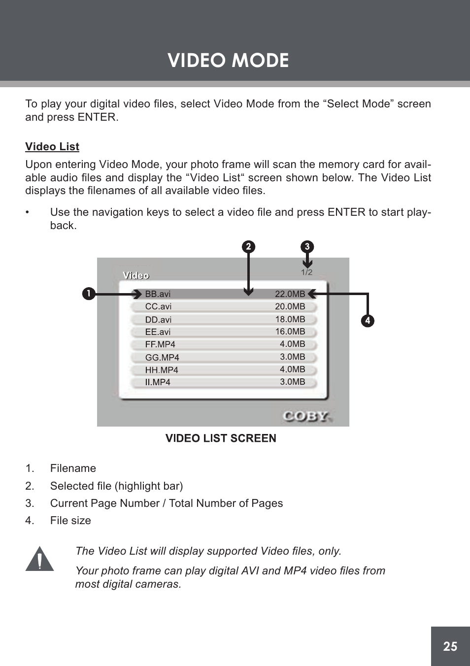 Video mode, Video list | COBY electronic DP-562 User Manual | Page 25 / 44