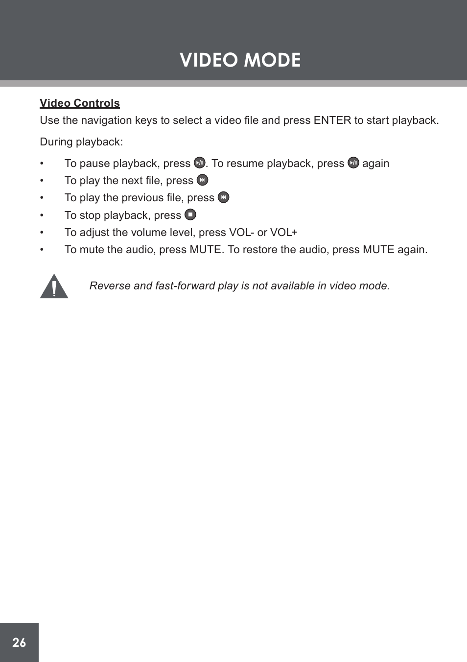 Video controls, Video mode | COBY electronic DP-562 User Manual | Page 26 / 44