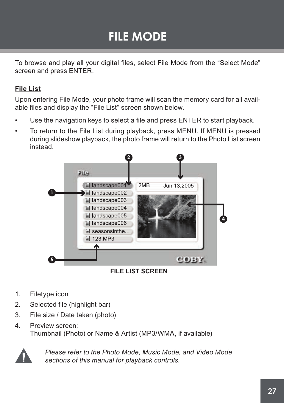 File mode, File list | COBY electronic DP-562 User Manual | Page 27 / 44