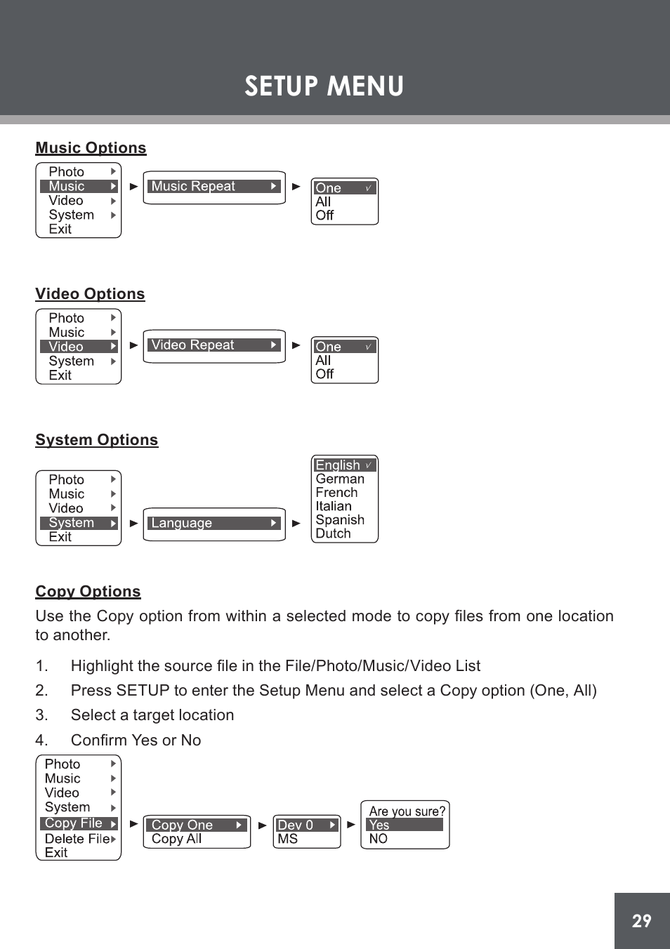 Music options, Video options, System options | Copy options, Setup menu | COBY electronic DP-562 User Manual | Page 29 / 44
