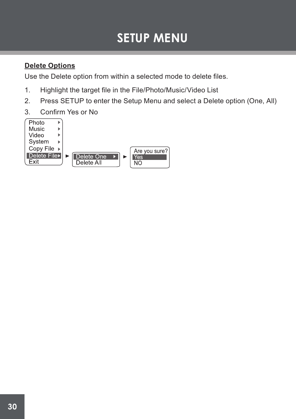 Delete options, Setup menu | COBY electronic DP-562 User Manual | Page 30 / 44