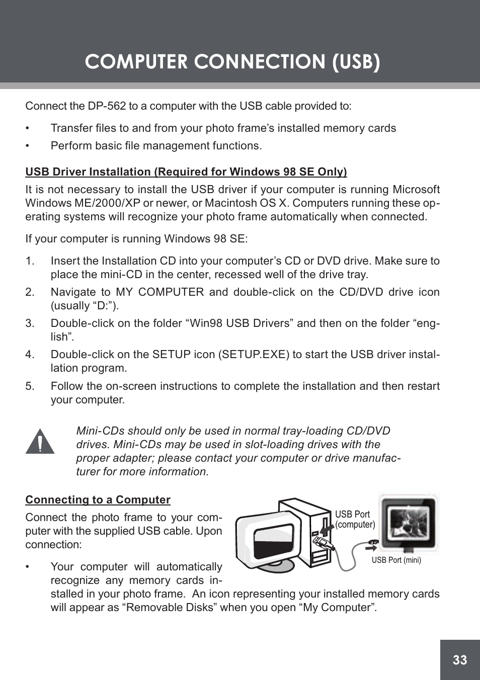 Computer connection (usb), Connecting to a computer | COBY electronic DP-562 User Manual | Page 33 / 44