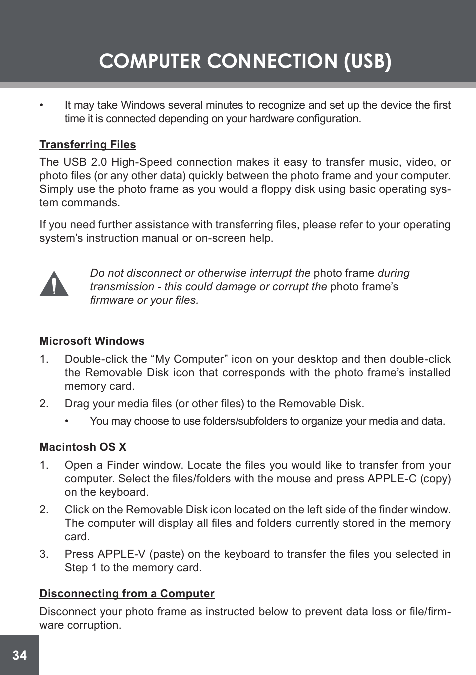 Transferring files, Microsoft windows, Macintosh os x | Disconnecting from a computer, Computer connection (usb) | COBY electronic DP-562 User Manual | Page 34 / 44