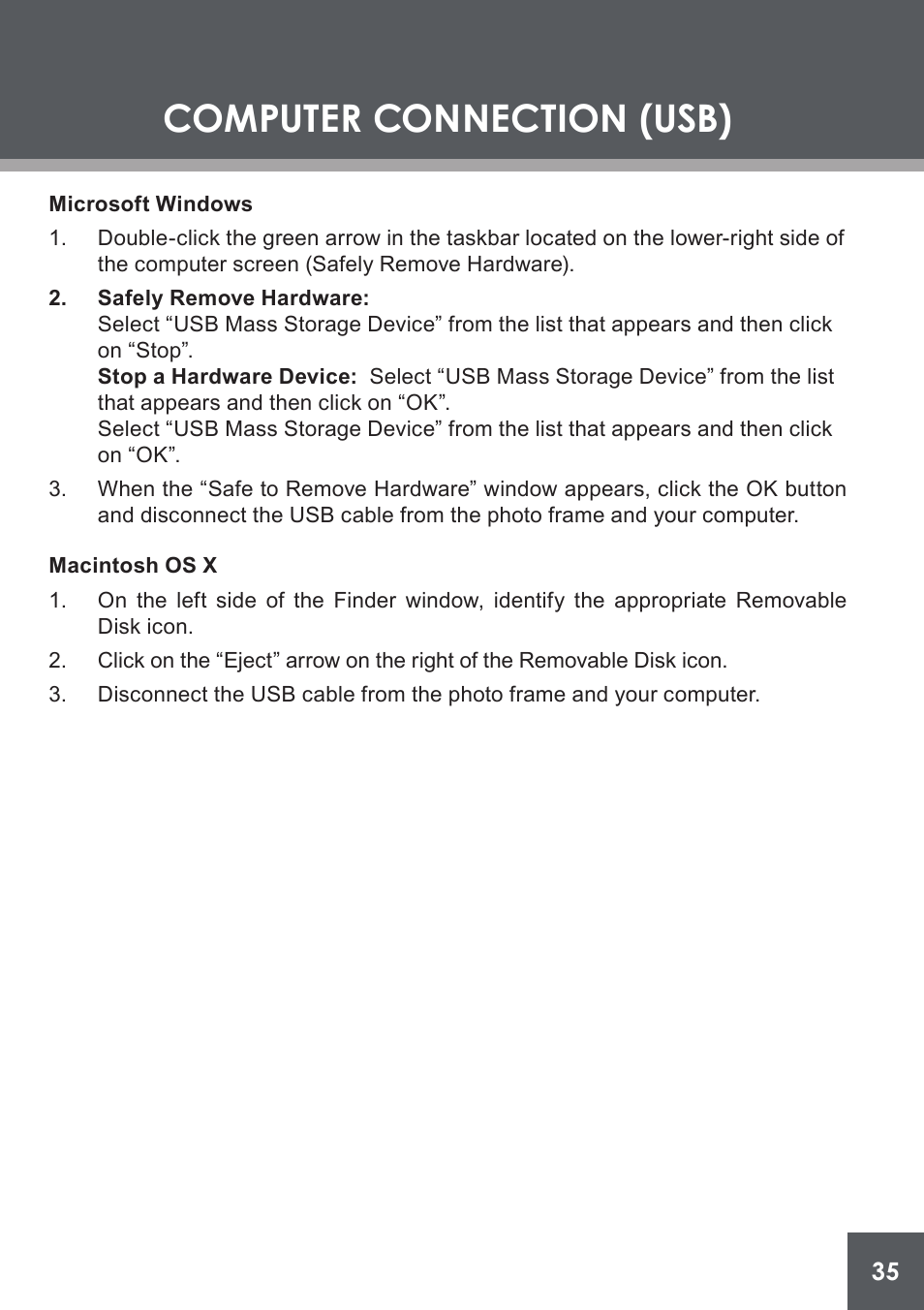 Microsoft windows, Macintosh os x, Computer connection (usb) | COBY electronic DP-562 User Manual | Page 35 / 44