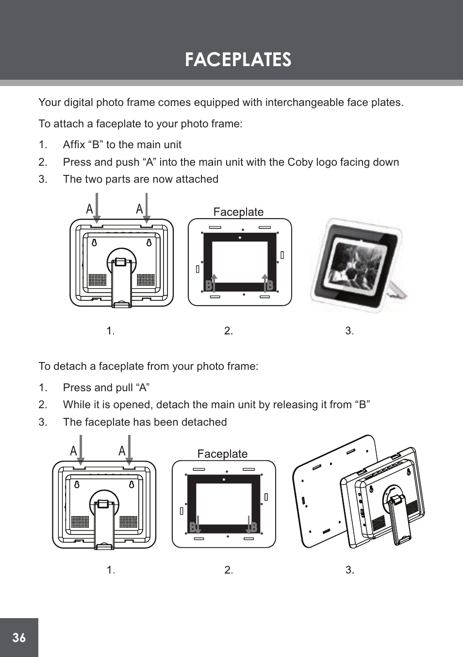 Faceplates | COBY electronic DP-562 User Manual | Page 36 / 44