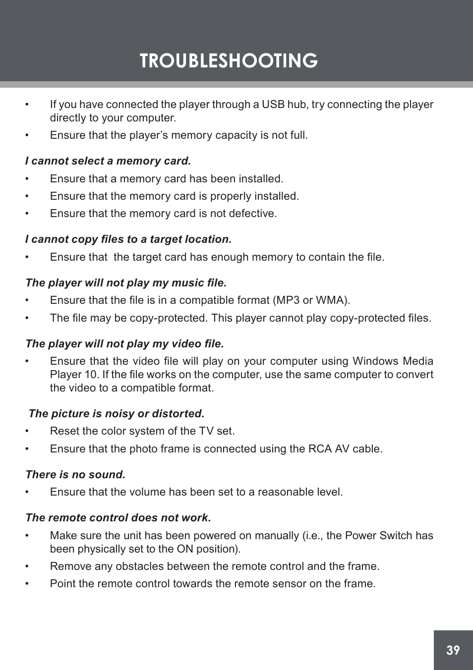 Troubleshooting | COBY electronic DP-562 User Manual | Page 39 / 44