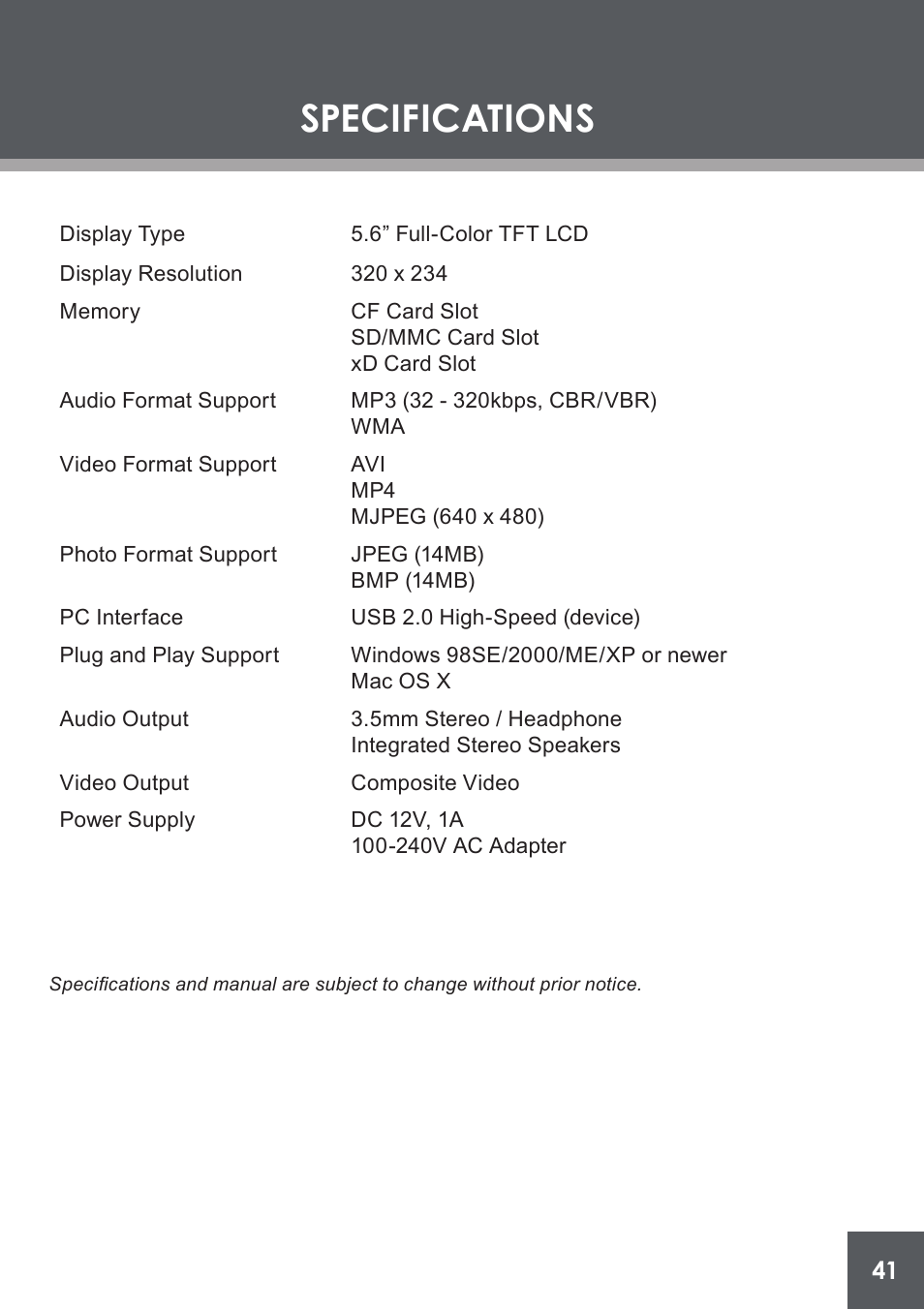 Specifications | COBY electronic DP-562 User Manual | Page 41 / 44