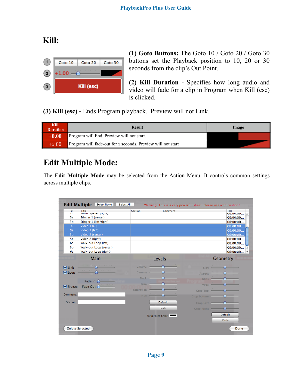 Kill: edit multiple mode | DT Videolabs PlaybackPro Plus User Manual | Page 10 / 22