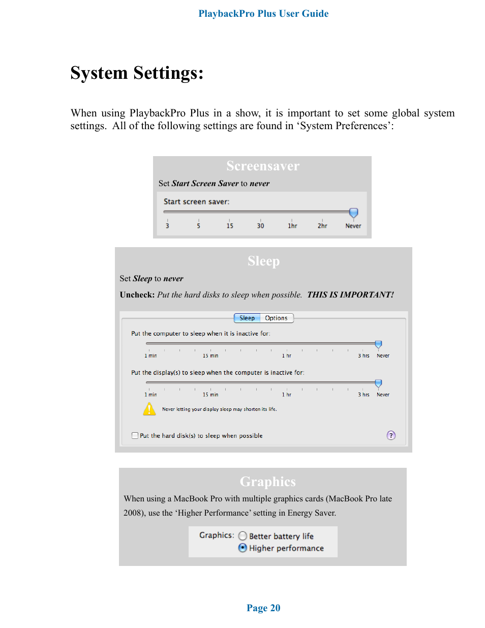 System settings, Screensaver sleep, Graphics | DT Videolabs PlaybackPro Plus User Manual | Page 21 / 22