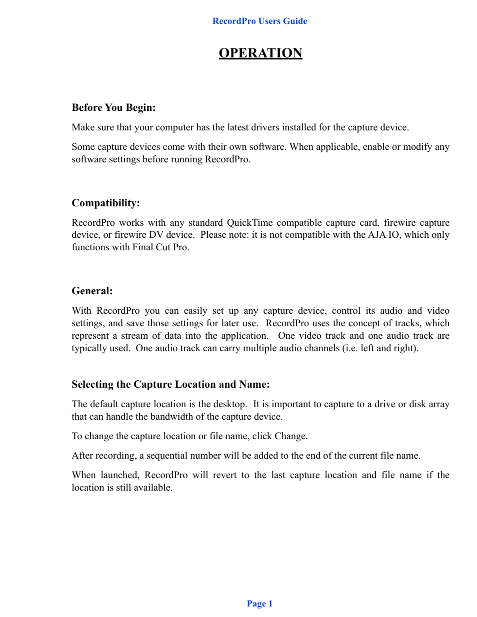 Operation | DT Videolabs RecordPro User Manual | Page 2 / 3