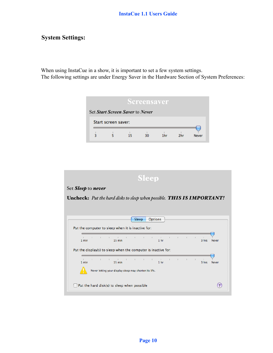 Screensaver, Sleep | DT Videolabs InstaCue User Manual | Page 11 / 12