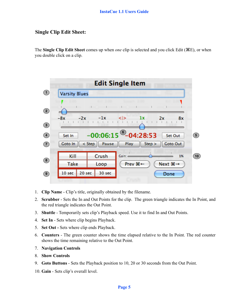 Single clip edit sheet | DT Videolabs InstaCue User Manual | Page 6 / 12
