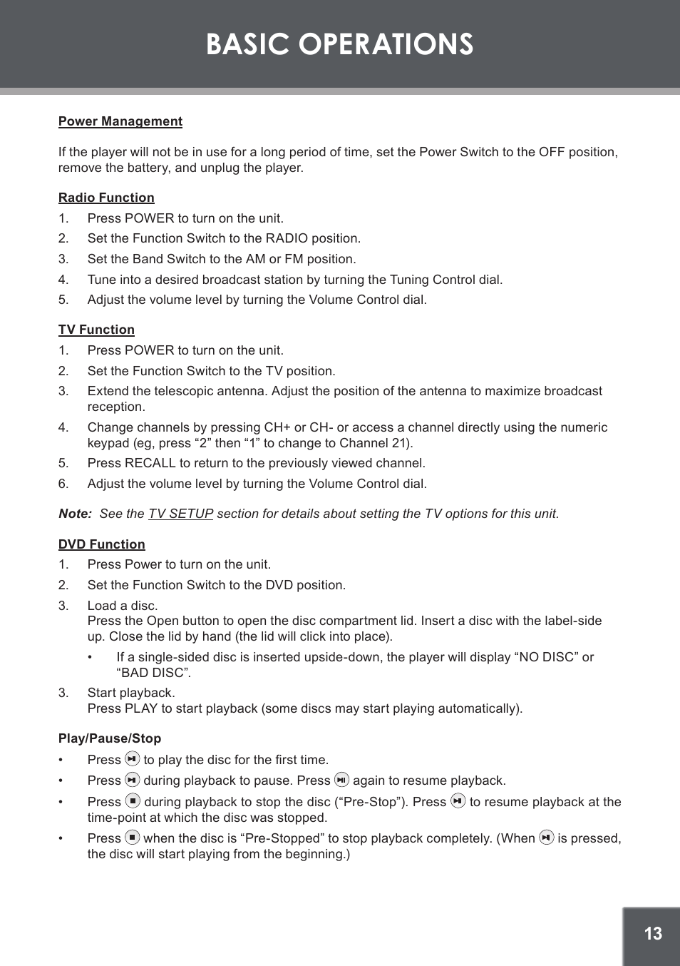 Basic operations, Power management, Radio function | Tv function, Dvd function, Play/pause/stop | COBY electronic TV-DVD1260 User Manual | Page 13 / 28