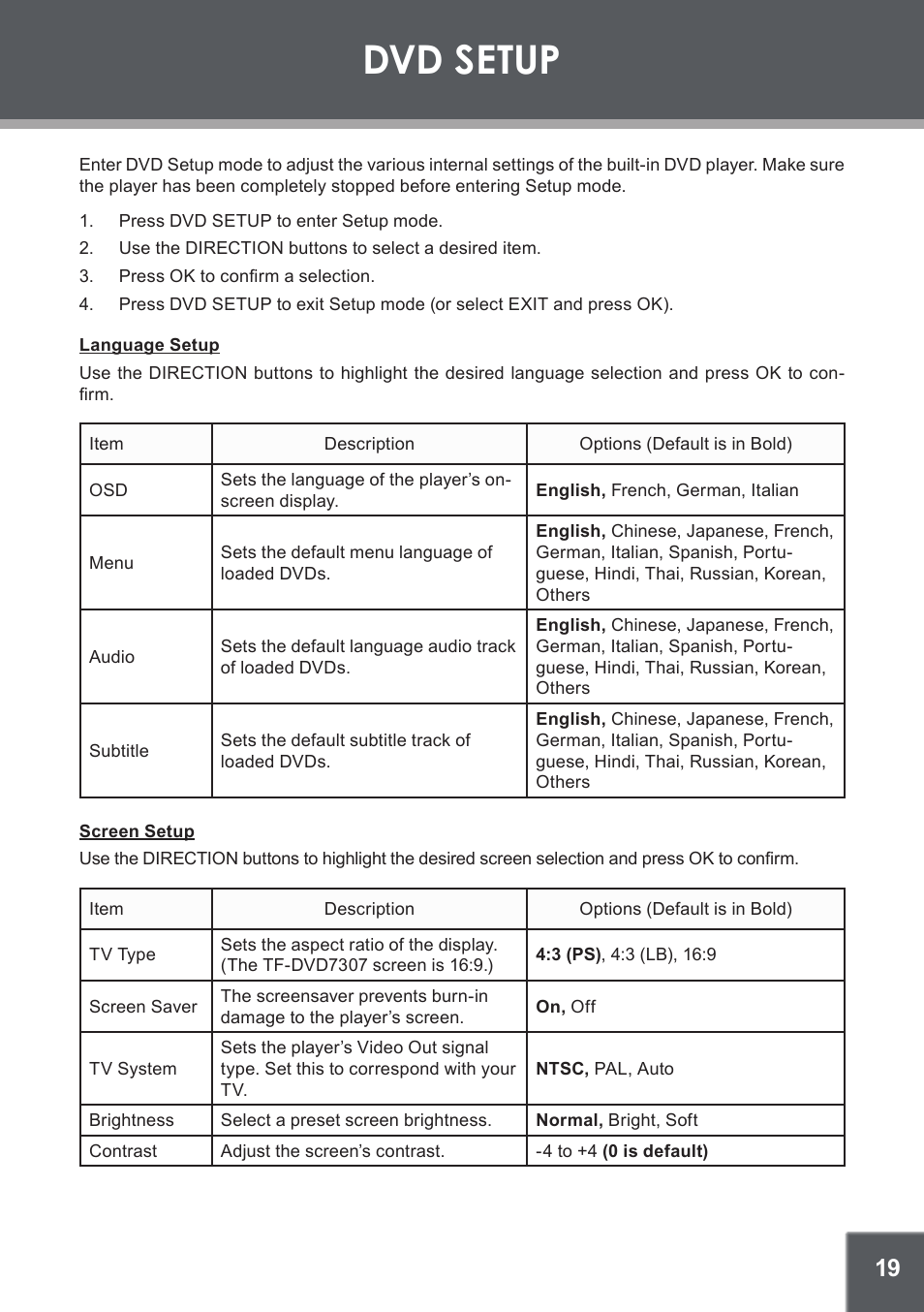 Dvd setup, Language setup, Screen setup | COBY electronic TV-DVD1260 User Manual | Page 19 / 28