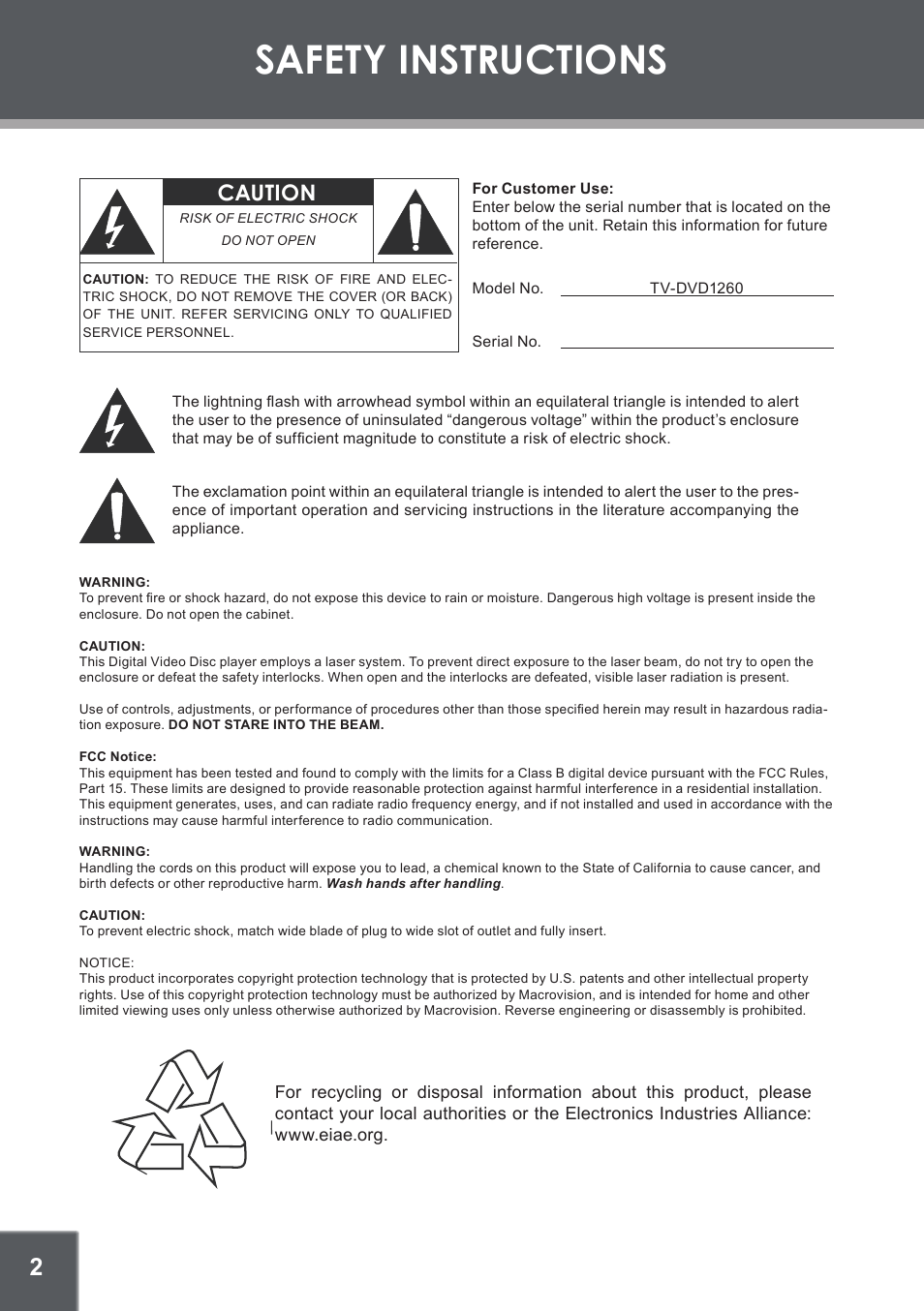 Safety instructions, Caution | COBY electronic TV-DVD1260 User Manual | Page 2 / 28