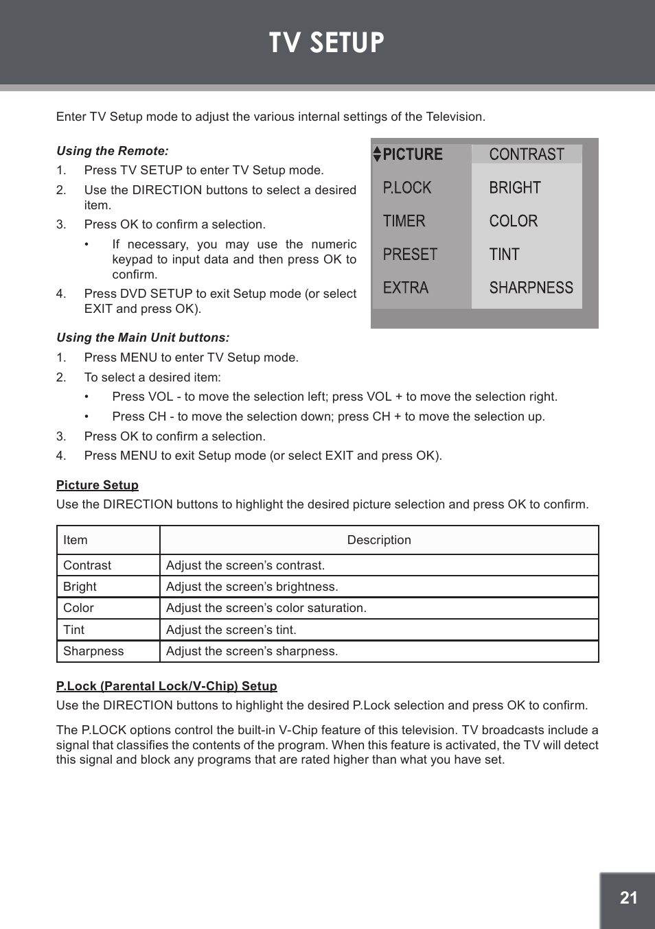 Tv setup, Picture setup, P.lock (parental lock/v-chip) setup | COBY electronic TV-DVD1260 User Manual | Page 21 / 28