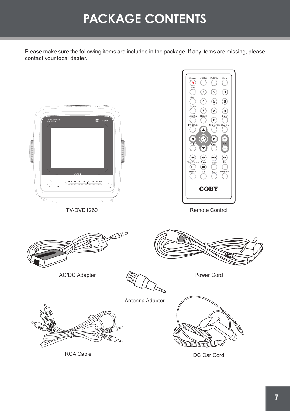 Package contents | COBY electronic TV-DVD1260 User Manual | Page 7 / 28