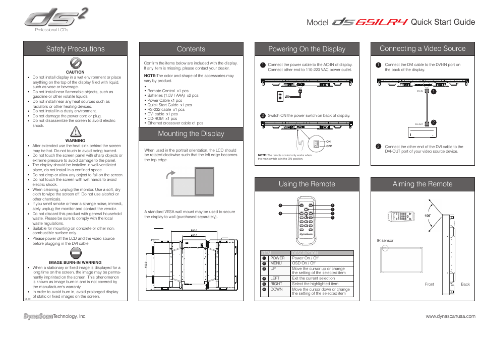 DynaScan 65″ 3,000 nit Fanless High Brightness LCD DS651LR4 User Manual | 1 page