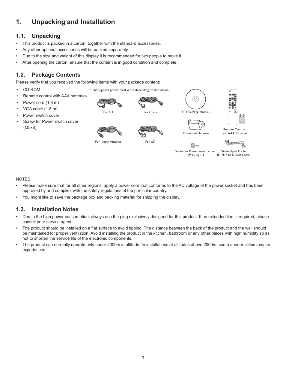 Unpacking and installation, Unpacking, Package contents | Installation notes | DynaScan 46″ Video Wall Super Narrow Bezel LCD DS46LX2 User Manual | Page 10 / 44