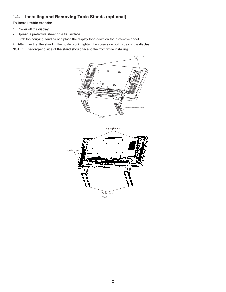 Installing and removing table stands (optional) | DynaScan 46″ Video Wall Super Narrow Bezel LCD DS46LX2 User Manual | Page 11 / 44