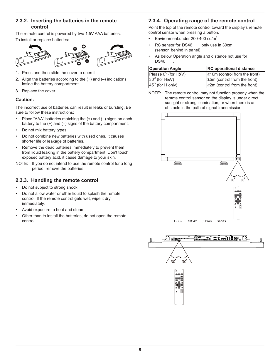 Inserting the batteries in the remote control, Handling the remote control, Operating range of the remote control | DynaScan 46″ Video Wall Super Narrow Bezel LCD DS46LX2 User Manual | Page 17 / 44