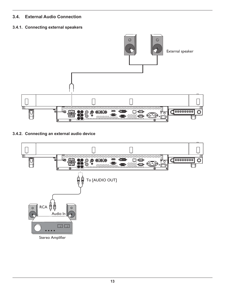 External audio connection, Connecting external speakers, Connecting an external audio device | DynaScan 46″ Video Wall Super Narrow Bezel LCD DS46LX2 User Manual | Page 22 / 44