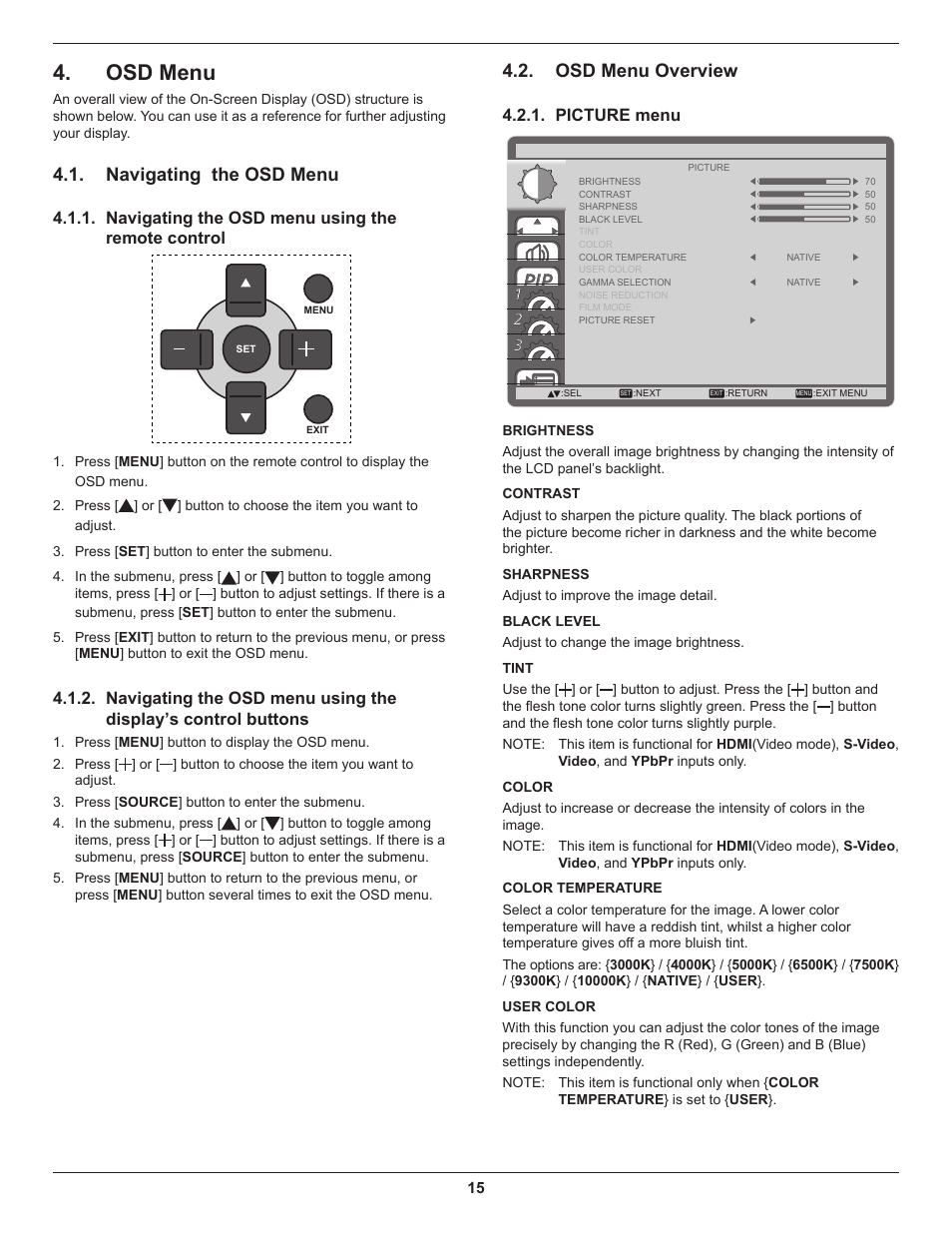 Osd menu, Navigating the osd menu, Navigating the osd menu using the remote control | Osd menu overview, Picture menu | DynaScan 46″ Video Wall Super Narrow Bezel LCD DS46LX2 User Manual | Page 24 / 44