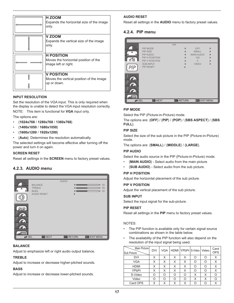 Audio menu, Pip menu, Audio menu 4.2.4. pip menu | DynaScan 46″ Video Wall Super Narrow Bezel LCD DS46LX2 User Manual | Page 26 / 44