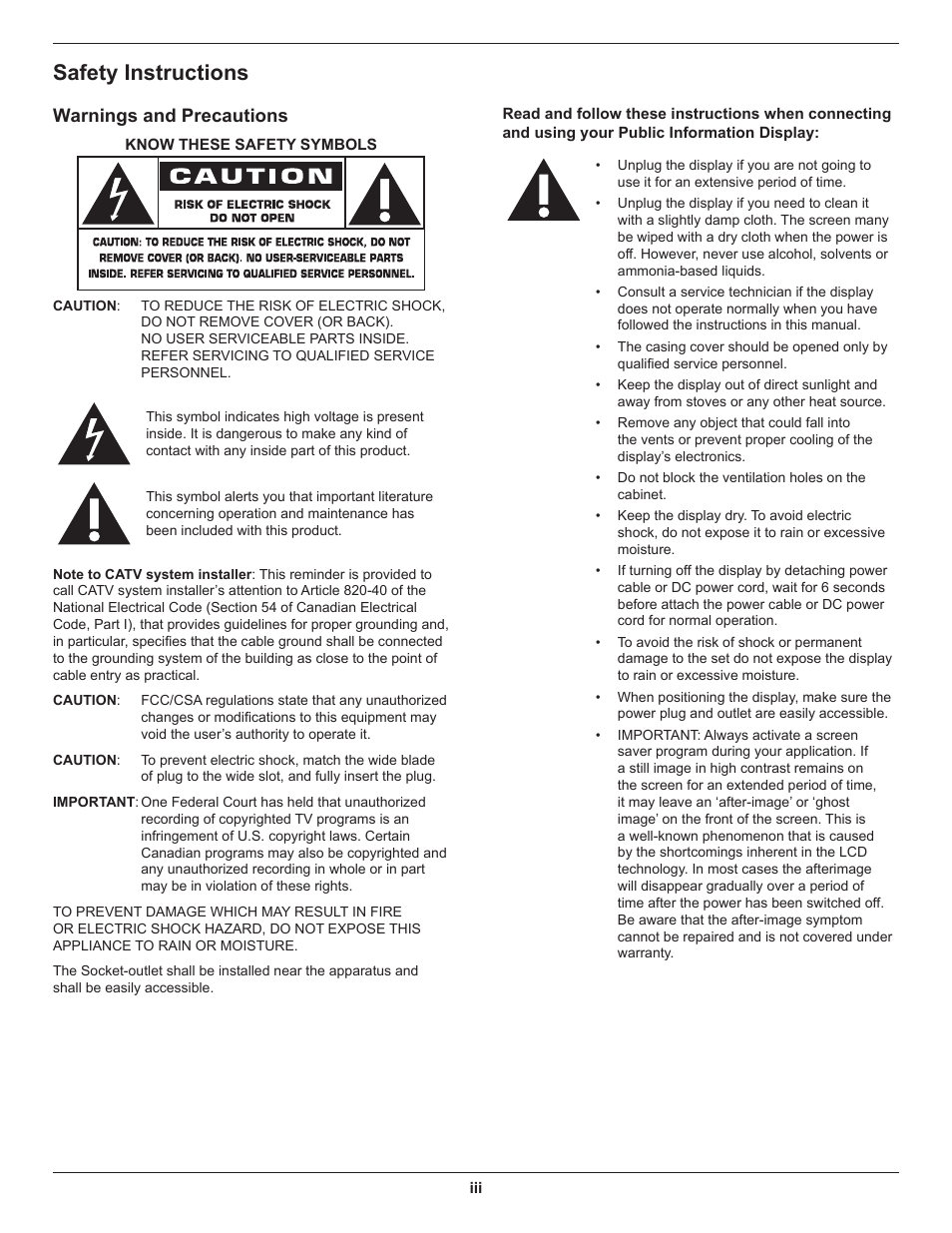 Safety instructions, Warnings and precautions | DynaScan 46″ Video Wall Super Narrow Bezel LCD DS46LX2 User Manual | Page 3 / 44