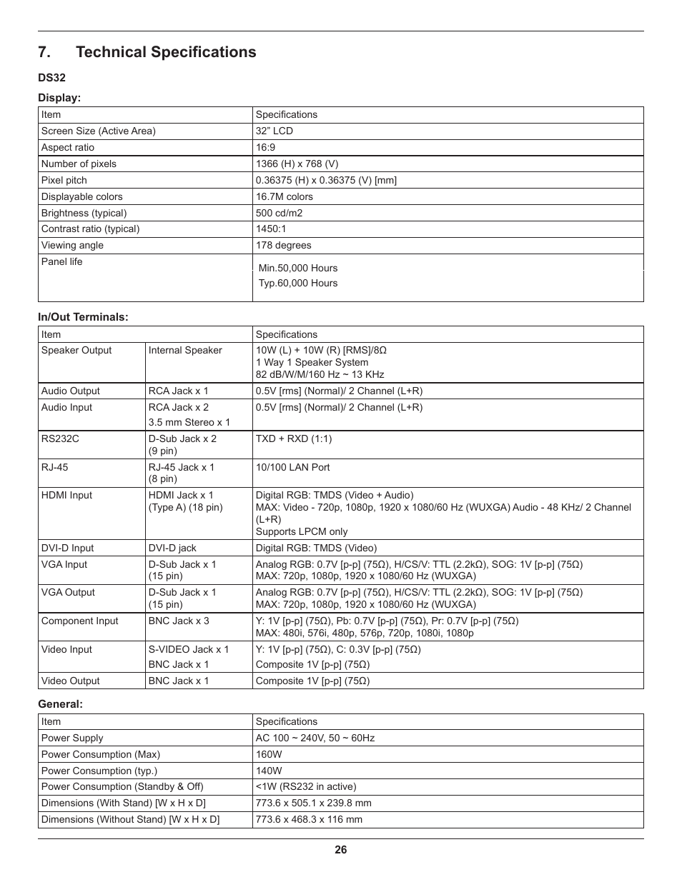 Technical specifications | DynaScan 46″ Video Wall Super Narrow Bezel LCD DS46LX2 User Manual | Page 35 / 44