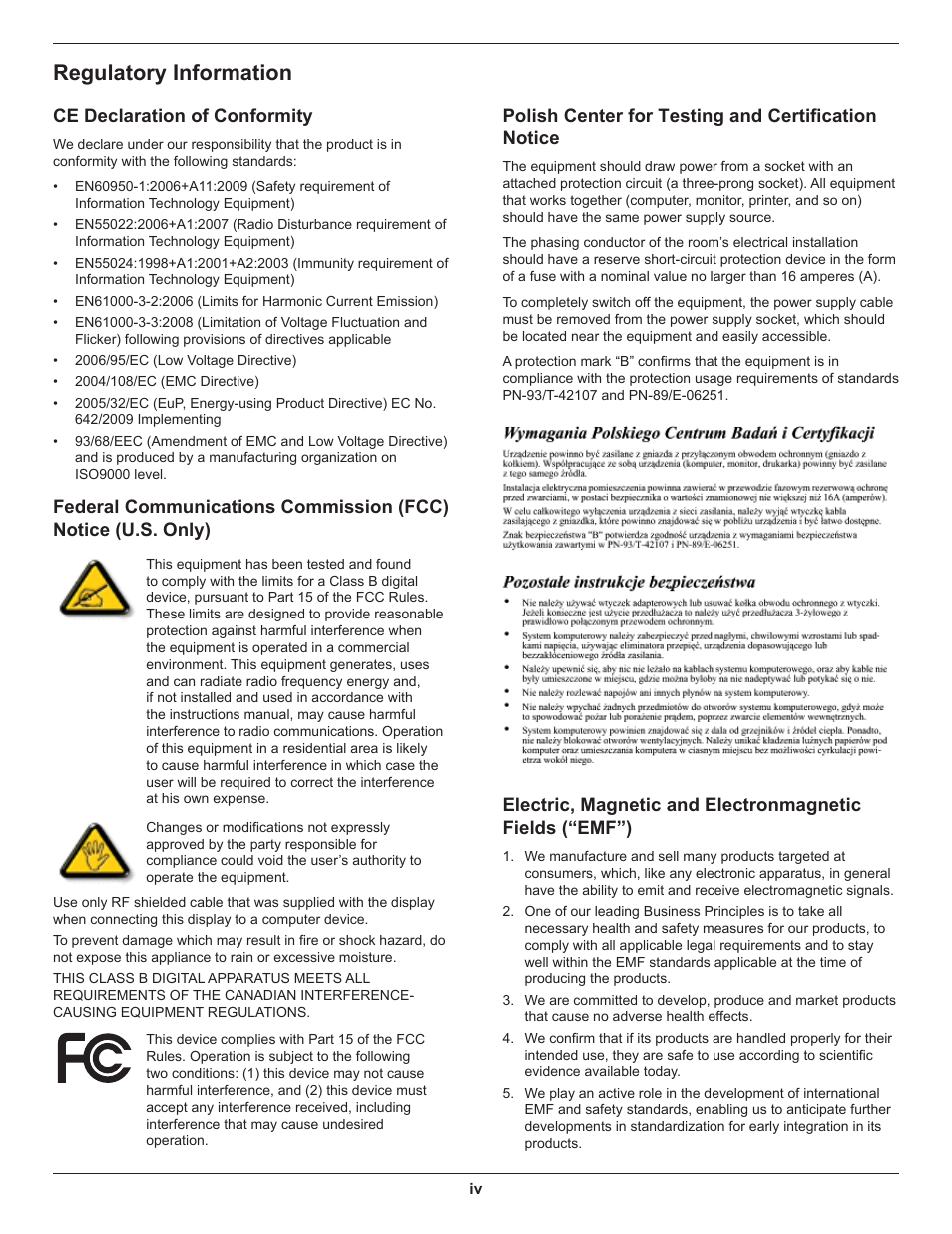 Regulatory information, Polish center for testing and certification notice, Ce declaration of conformity | DynaScan 46″ Video Wall Super Narrow Bezel LCD DS46LX2 User Manual | Page 4 / 44