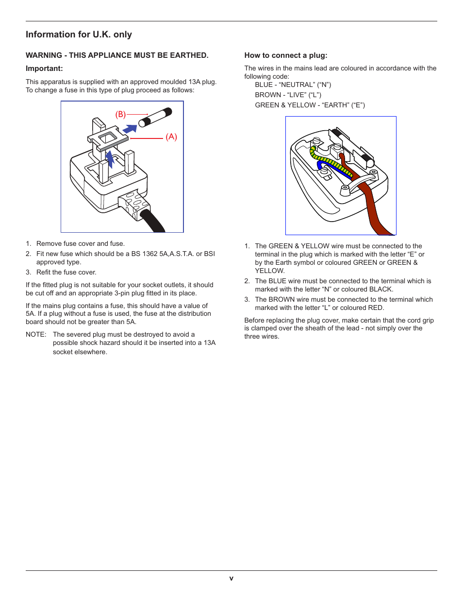 Information for u.k. only, A) (b) | DynaScan 46″ Video Wall Super Narrow Bezel LCD DS46LX2 User Manual | Page 5 / 44