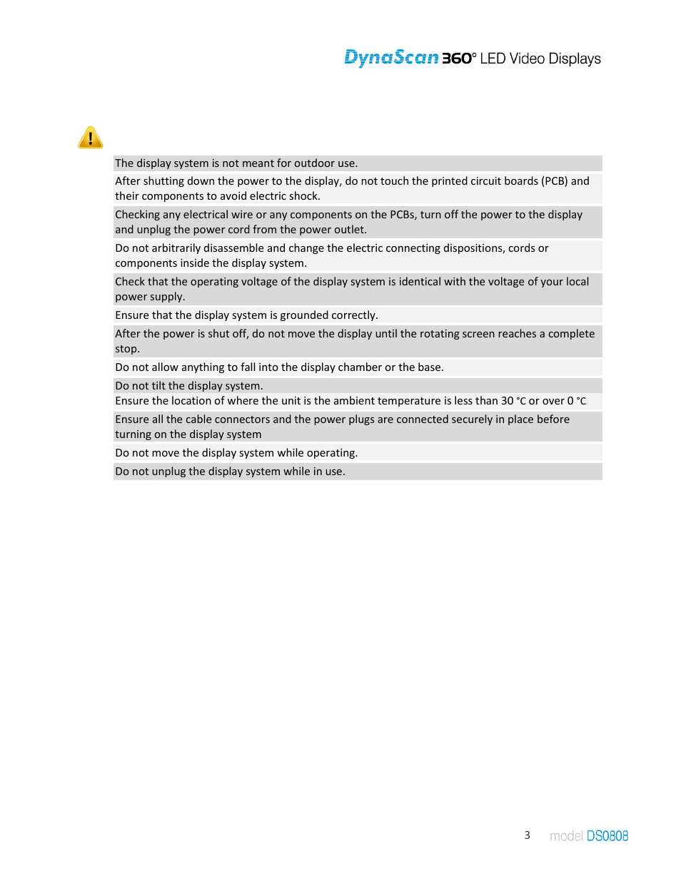 Safety precaution, Caution | DynaScan Indoor 360 Degree LED Video Display DS0808 User Manual | Page 3 / 21