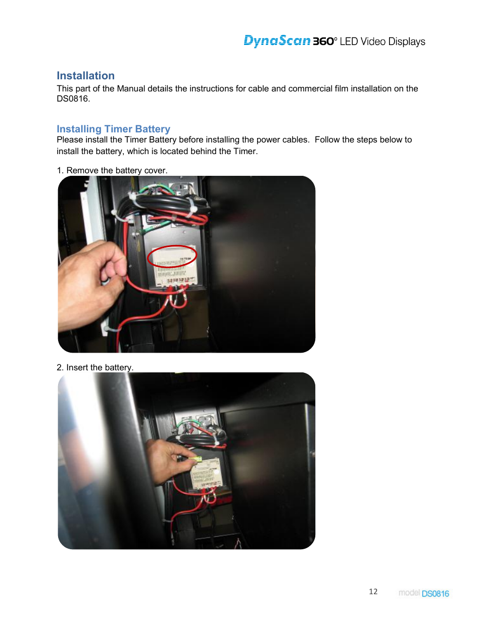 Installation, Installing timer battery | DynaScan Indoor 360 Degree LED Video Display DS0816 User Manual | Page 12 / 27