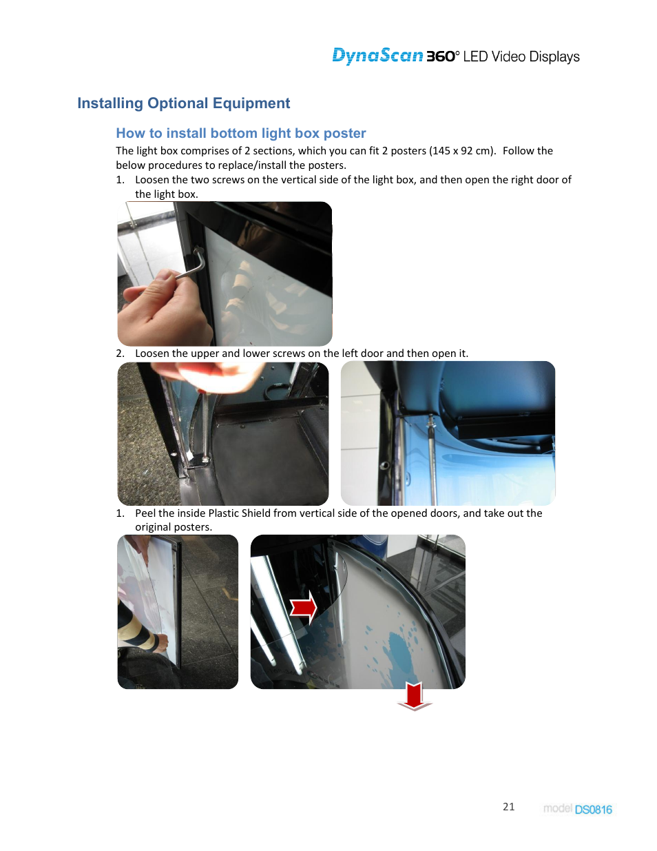 Installing optional equipment, How to install bottom light box poster | DynaScan Indoor 360 Degree LED Video Display DS0816 User Manual | Page 21 / 27