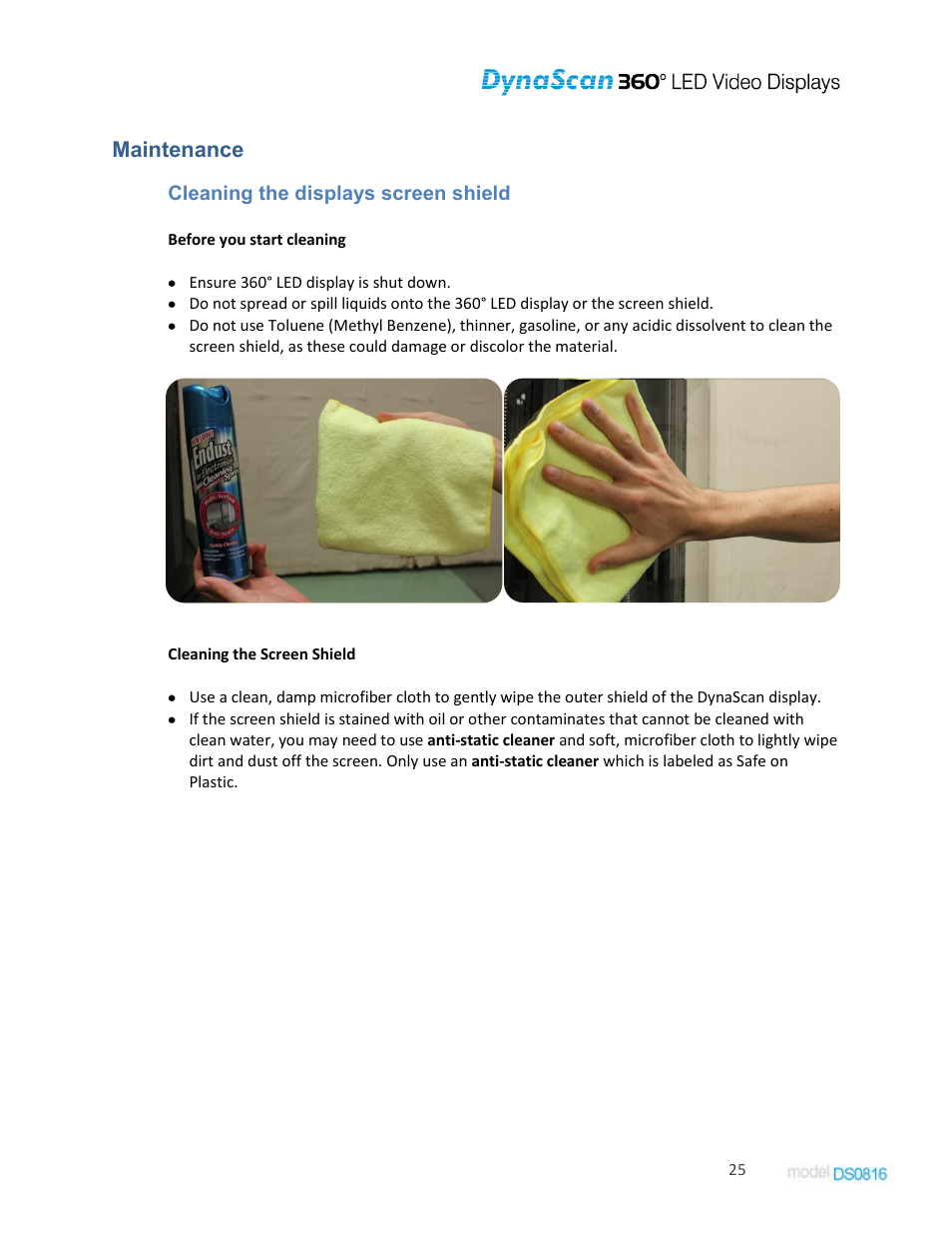 Maintenance, Cleaning the displays screen shield | DynaScan Indoor 360 Degree LED Video Display DS0816 User Manual | Page 25 / 27