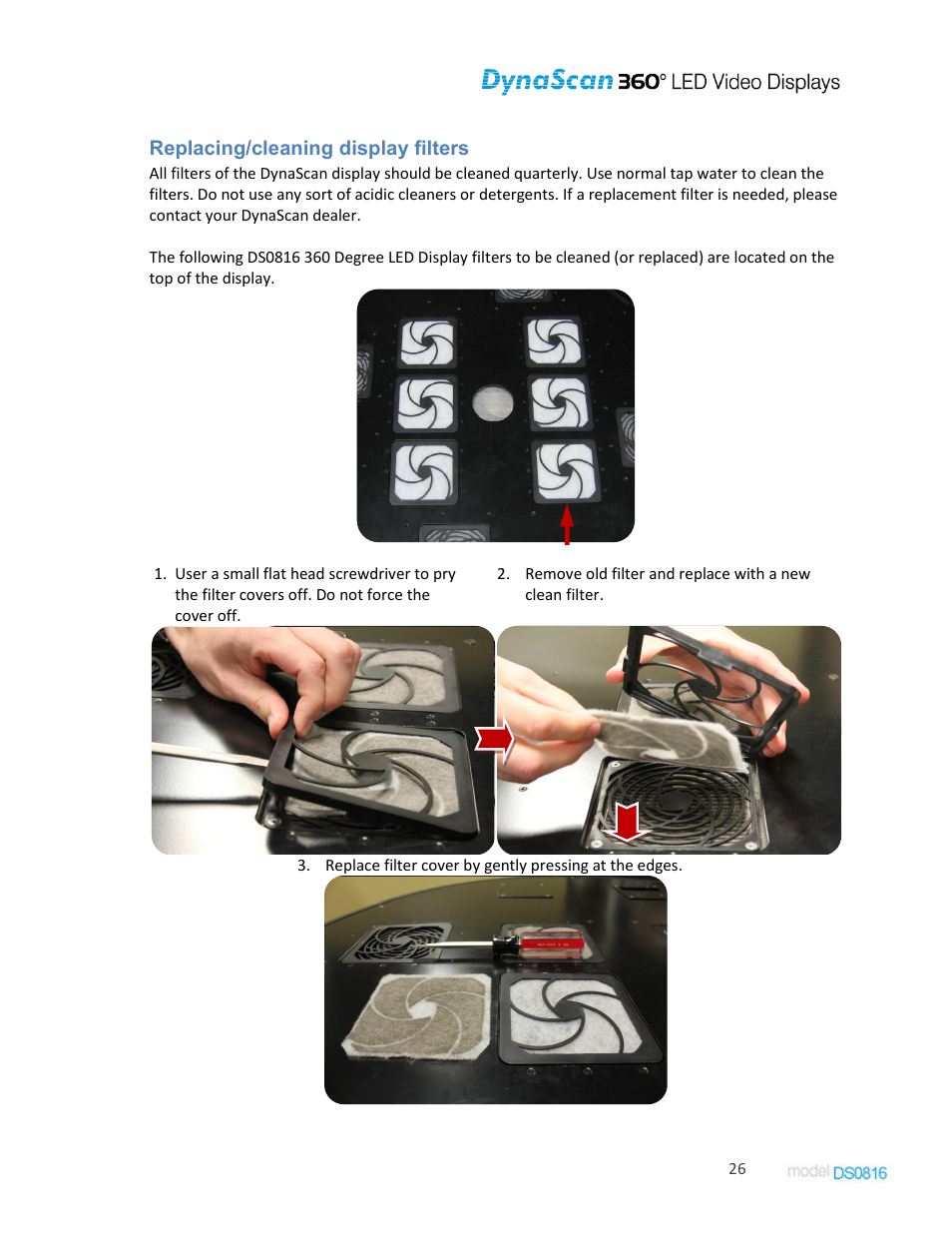 Replacing/cleaning display filters | DynaScan Indoor 360 Degree LED Video Display DS0816 User Manual | Page 26 / 27