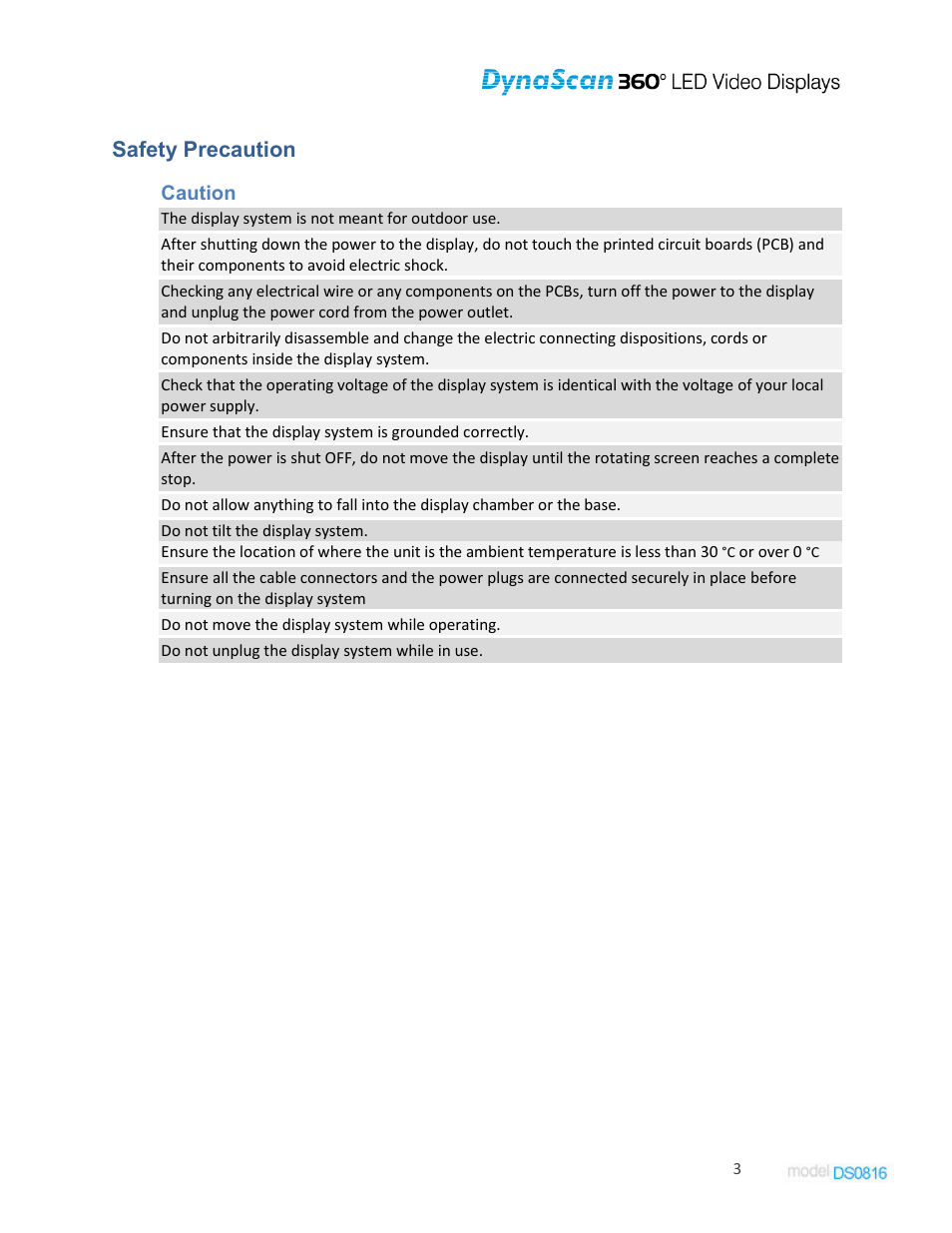 Safety precaution, Caution | DynaScan Indoor 360 Degree LED Video Display DS0816 User Manual | Page 3 / 27