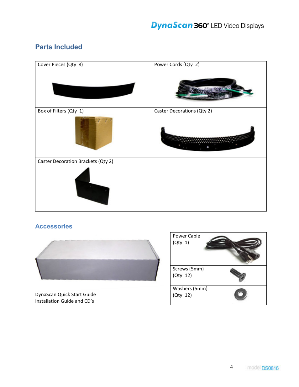 Parts included, Accessories | DynaScan Indoor 360 Degree LED Video Display DS0816 User Manual | Page 4 / 27