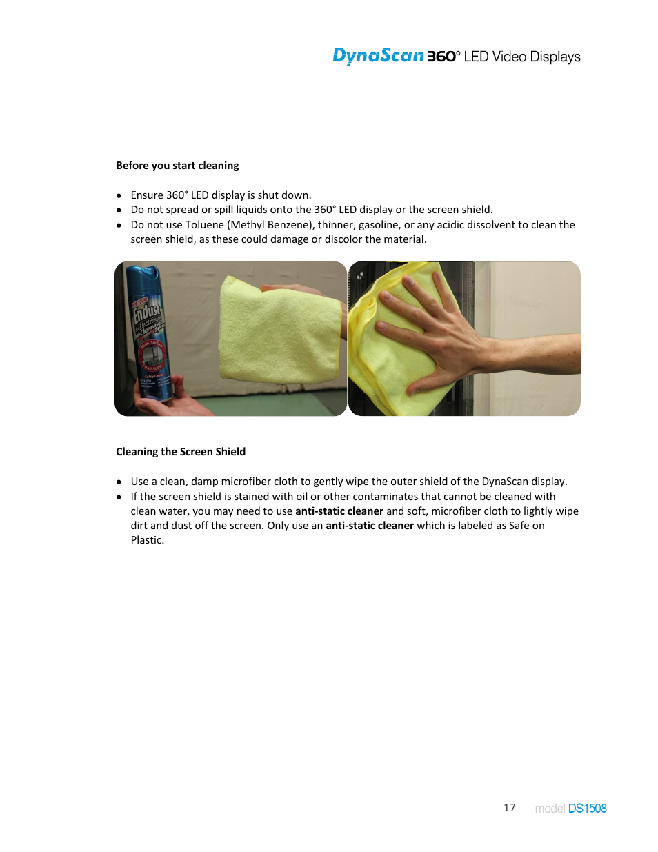 Maintenance, Cleaning the displays screen shield | DynaScan Indoor 360 Degree LED Video Display DS1508 User Manual | Page 17 / 19