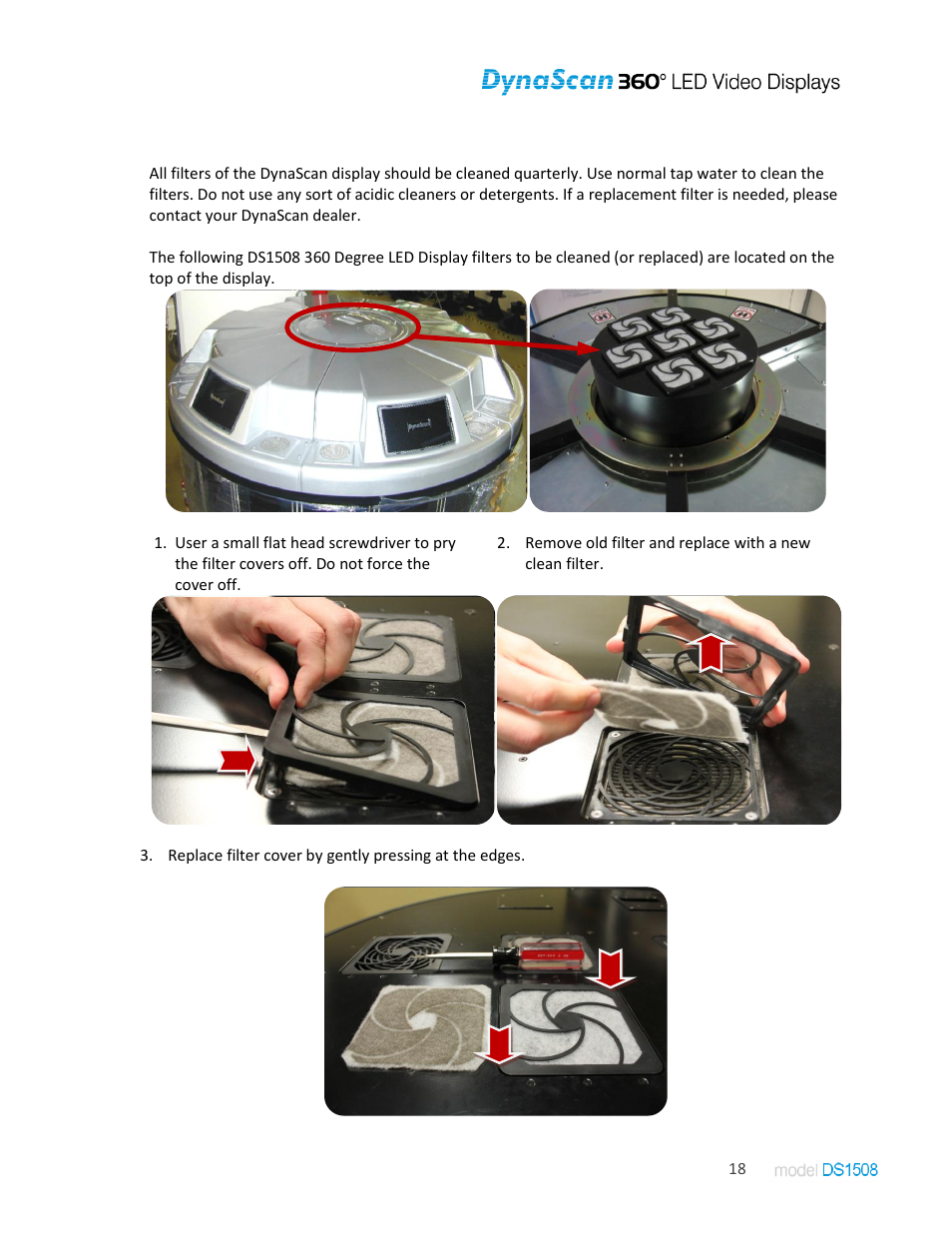 Replacing/cleaning display filters | DynaScan Indoor 360 Degree LED Video Display DS1508 User Manual | Page 18 / 19
