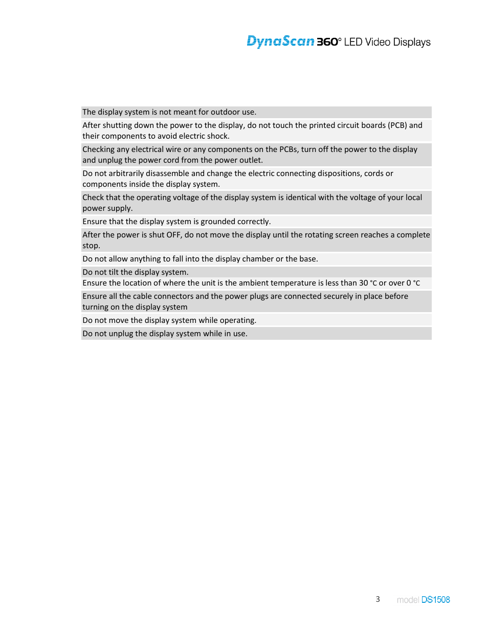 Safety precaution, Caution | DynaScan Indoor 360 Degree LED Video Display DS1508 User Manual | Page 3 / 19