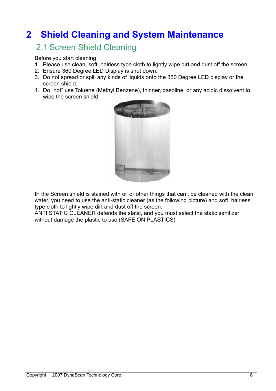 2 shield cleaning and system maintenance, 1 screen shield cleaning | DynaScan Outdoor 360 Degree LED Video Display DS0706 User Manual | Page 13 / 27