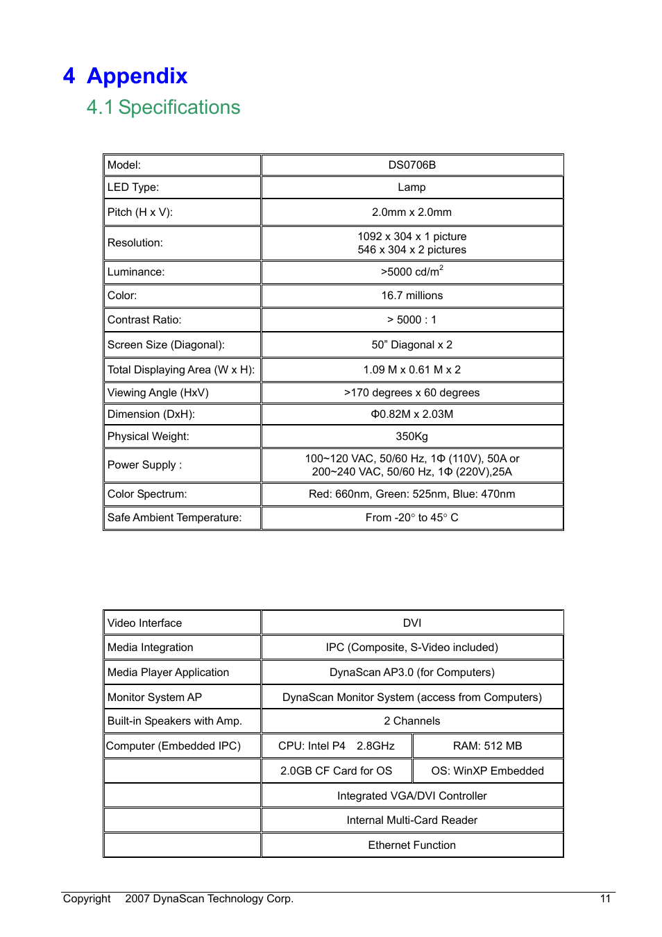 4 appendix, 1 specifications, Display | DynaScan Outdoor 360 Degree LED Video Display DS0706 User Manual | Page 16 / 27